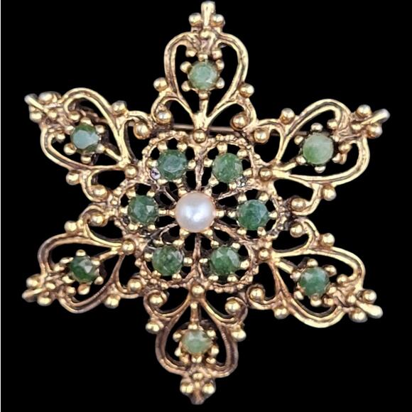 Gold-Plated Vintage Starburst Brooch Faceted Green Stone – Retro Chic Accessory - Picture 1 of 7
